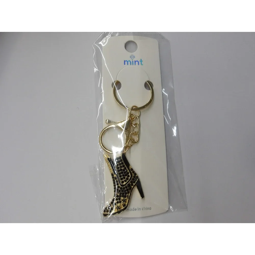 Mint Gold Black Enamel Rhinestone High Heel Boot Keychain‎ Purse Charm/ #26689